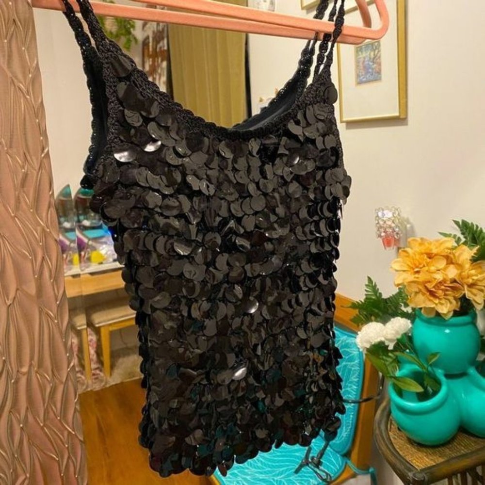 Le Château Black Big Circle Sequin Tank Top